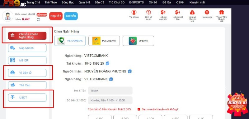 Có ba phương thức chủ yếu để bạn nạp tiền và trải nghiệm cá cược tại FB9