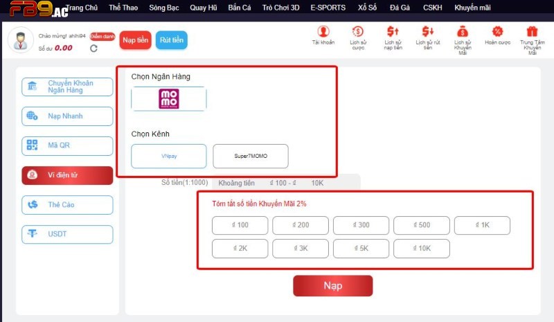 Nạp bằng ví điện tử khá tiện lợi, có thể nạp thông qua Momo, VnPay